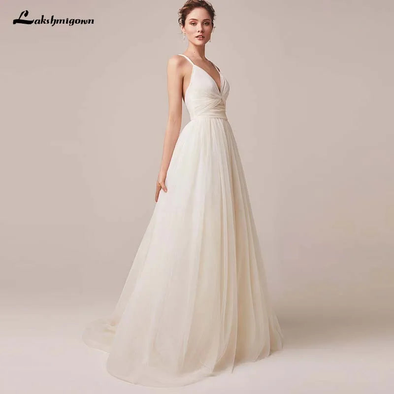 Chic V Neck Spaghetti Strap Tulle Wedding Dress Custom Backless Gown