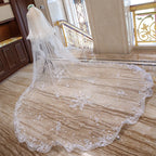 Elegant Two Layer Bridal Veil With Floral Lace Applique And Comb