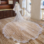 Elegant Two Layer Bridal Veil With Floral Lace Applique And Comb