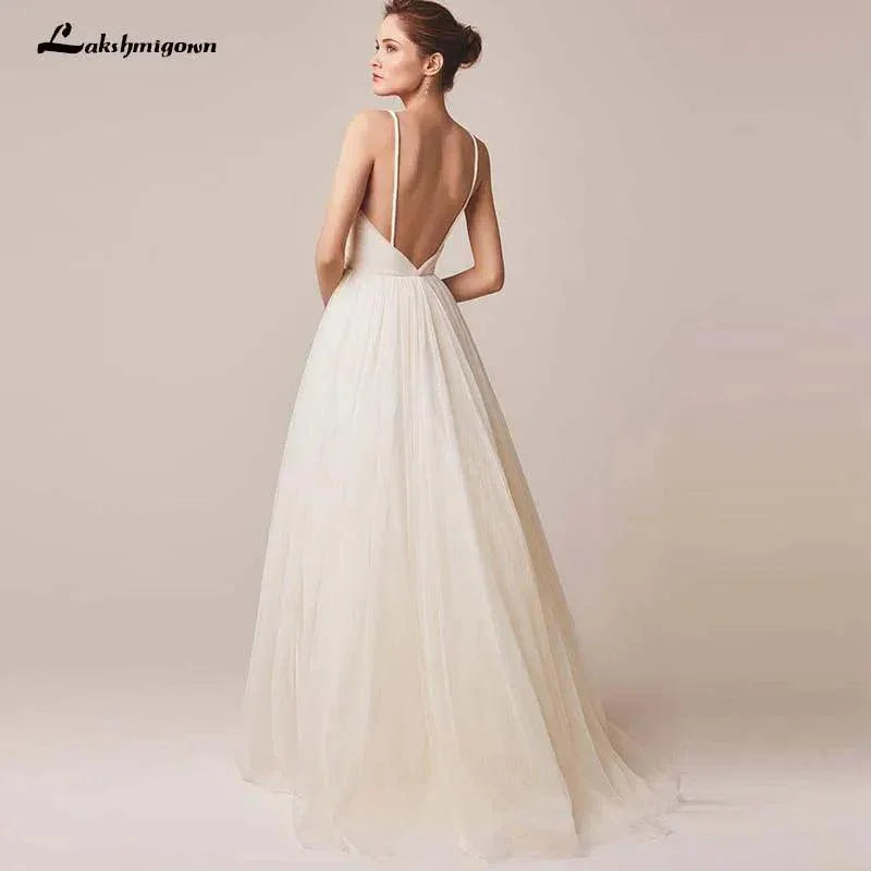 Vestido de Noiva Sexy com Alças Finas de Tule, Sem Mangas, Decote em V, Costas Descobertas, Vestidos de Noiva Robe de Casamento