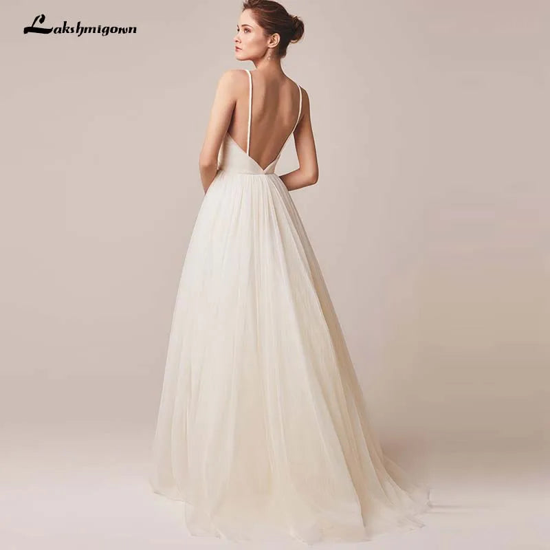 Chic V Neck Spaghetti Strap Tulle Wedding Dress Custom Backless Gown