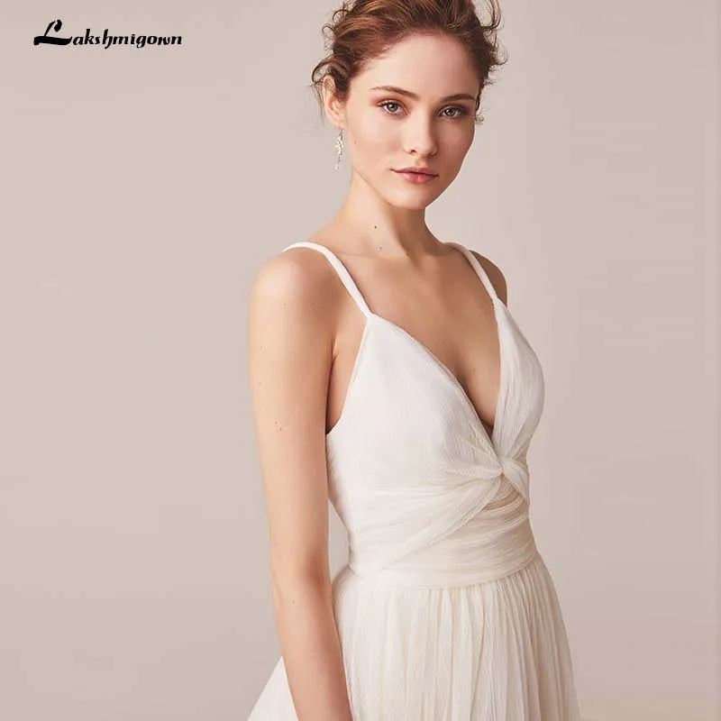 Chic V Neck Spaghetti Strap Tulle Wedding Dress Custom Backless Gown