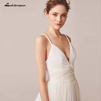 Chic V Neck Spaghetti Strap Tulle Wedding Dress Custom Backless Gown