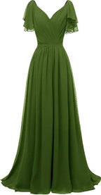 Abito da damigella con maniche arricciate, scollo a V, chiffon, lungo, formale, da sera per matrimonio Y1315