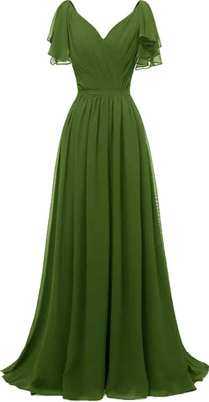 Abito da damigella con maniche arricciate, scollo a V, chiffon, lungo, formale, da sera per matrimonio Y1315