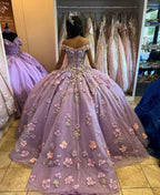Abito da ballo elegante in tulle lucido con spalle scoperte e applicazioni di lavanda, fiori tridimensionali, vestito da principessa dolce per il quindicesimo compleanno Y285