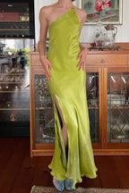 Abito lungo elegante verde a guaina con una spalla, da festa, con spacco e schiena scoperta, abito da sera Y8550