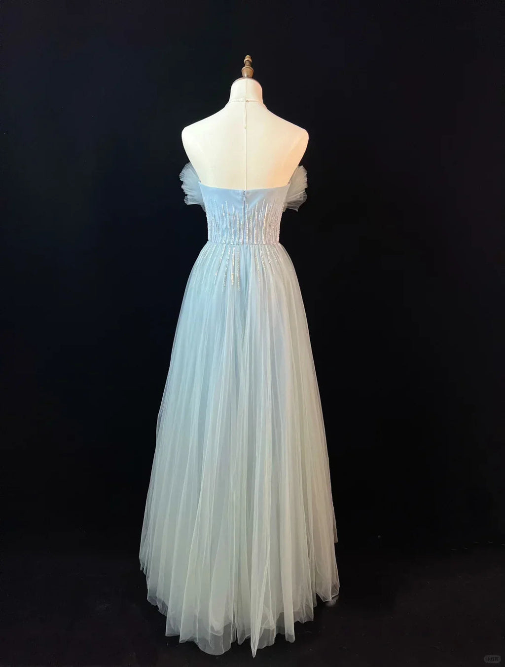 Vestido de Festa Elegante Azul com Tule, Lantejoulas e Contas, Corte em A, Modelo Y8646