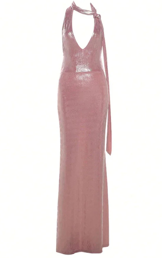 Vestito da sera formale rosa sexy con scollo all'americana e schiena scoperta per festa e ballo Y8166