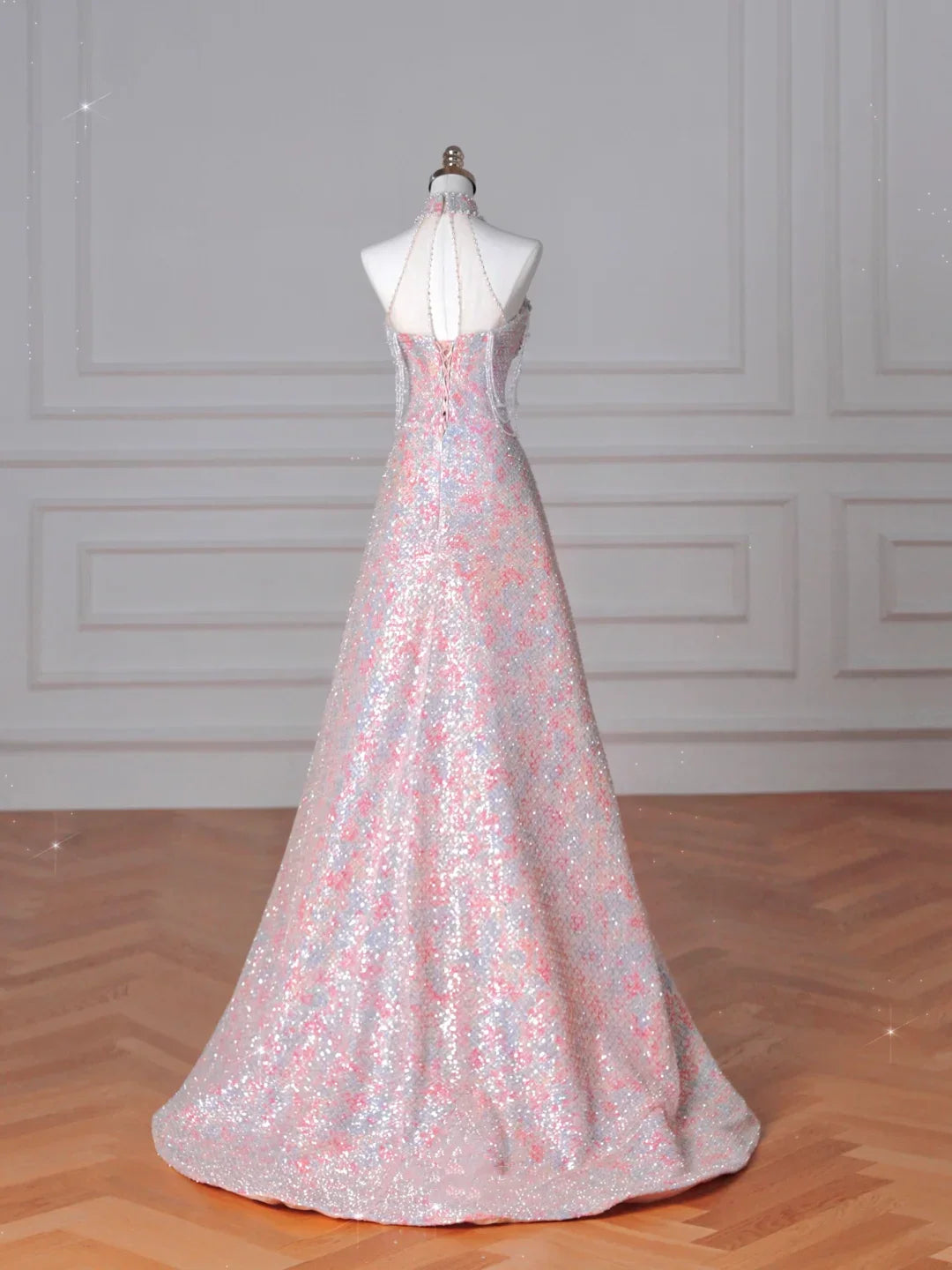 Splendido abito da sera rosa con paillettes e perline a linea ad A Y8637