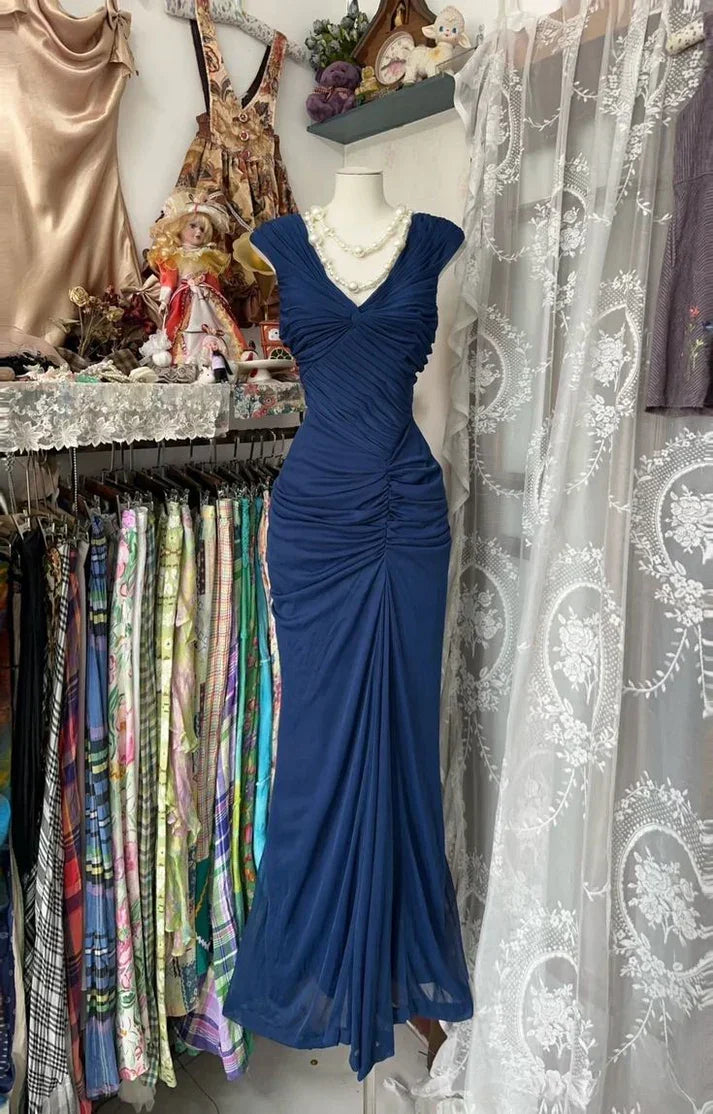 Abito da sera vintage in chiffon blu marina arricciato, modello sirena, per festa o ballo Y8076