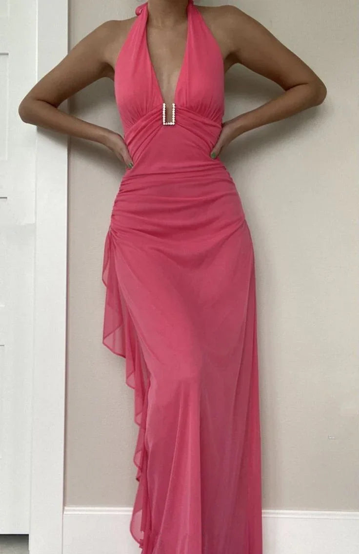 Incantevole abito da sera rosa con balze in chiffon, scollo a V, abito da ballo Y7783