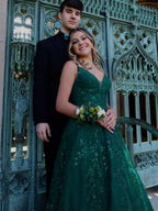 فساتين سهرة طويلة برقبة على شكل حرف V من الدانتيل الأخضر، فساتين رسمية من الدانتيل الأخضر، فساتين سهرة خضراء Y4079