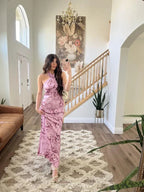 Elegant Halter Pink Satin Print Long Prom Dress Evening Dress Y8454