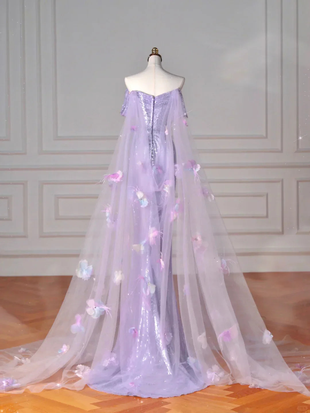 Abito da sera lilla con paillettes, tulle perline, spacco da sirena, scollo a barca, applicazioni in tulle, abito da ballo Y8632