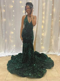 Abito da Sera Lungo e Formale con Scollo a V e Paillettes Stile Sirena Moderno Y5913