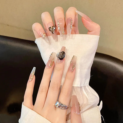 Nuevas uñas postizas desmontables extra largas con degradado, hechas a mano, con diamantes de imitación color piel, de lujo. 