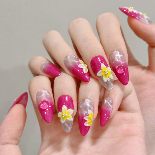 Arte de uñas hecho a mano con diseño de ojo de gato, color rosa veraniego, rosa, rojo, hielo, flor, ondulación de agua 