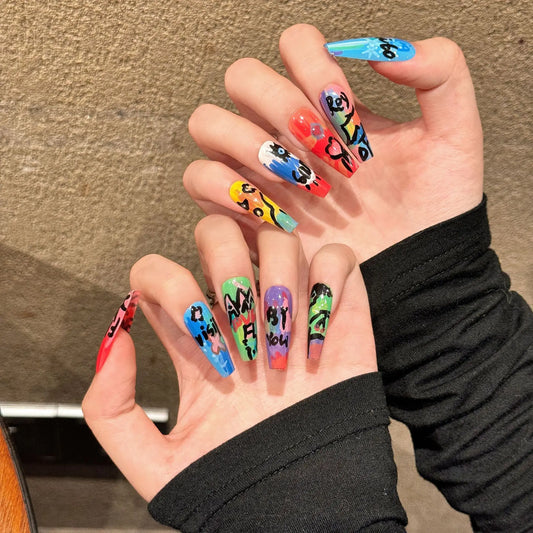Uñas postizas adhesivas para chicas atractivas, uñas postizas personalizadas con grafiti 