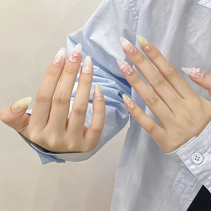 Nuevo estilo, dulce lazo azul, uñas postizas desmontables, hechas a mano, acrílicas, reutilizables, con pegamento, uñas postizas realistas. 
