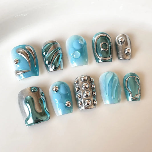 Nuevo estilo hecho a mano: uñas cortas con diseño de sirena, fantasía azul, lágrimas, dulce, fresco y sexy. 