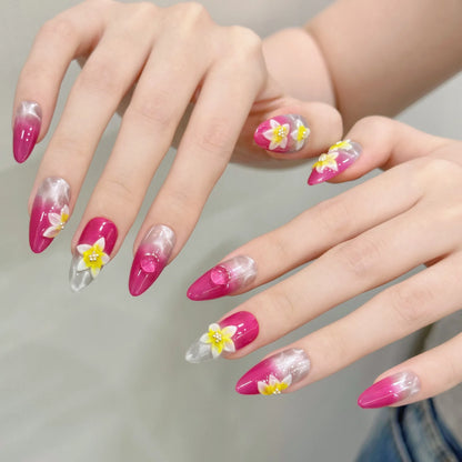Arte de uñas hecho a mano con diseño de ojo de gato, color rosa veraniego, rosa, rojo, hielo, flor, ondulación de agua 