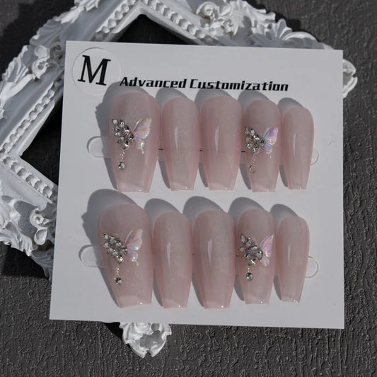 Long pink Coffin Diamond Press on Nails Hand-painted butterfly Acrylic Finger ABS