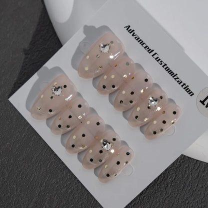 Taladro con diseño decorativo de gotas de agua, almendras, uñas prensadas francesas Hepburn hechas a mano 