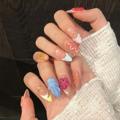 Uñas postizas acrílicas reutilizables, uñas postizas color nude, uñas postizas francesas almendradas 