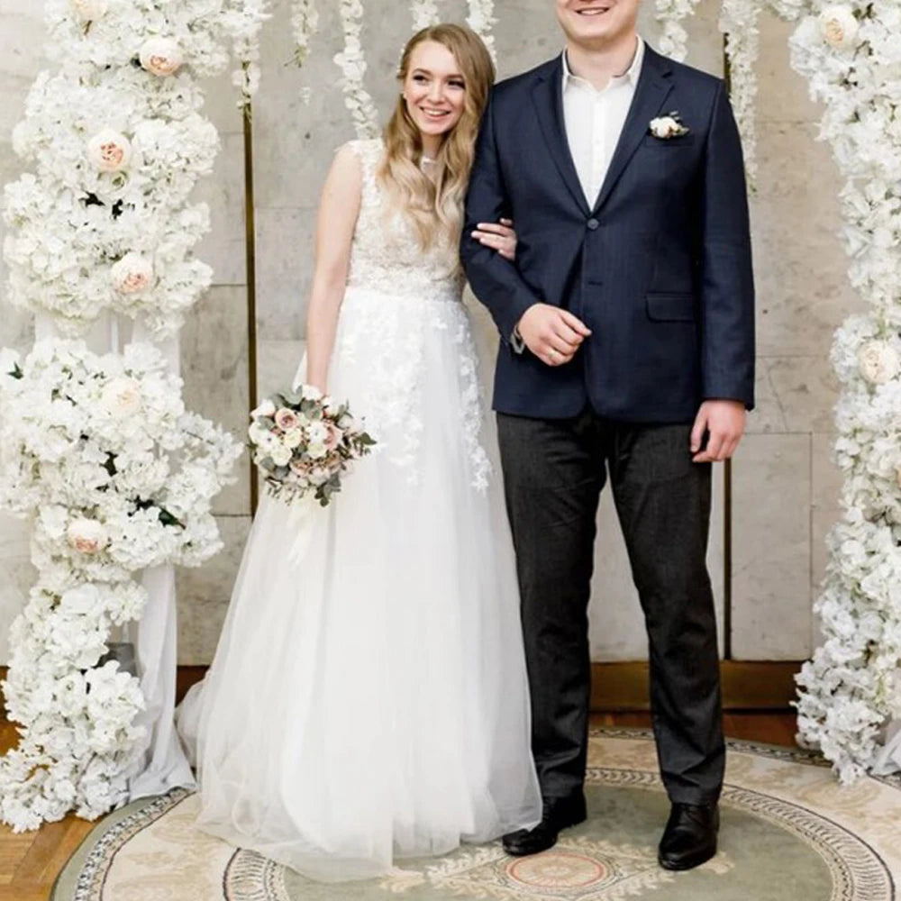 Lace A Line Wedding Gown Sleeveless Tulle Bridal Dress With Custom Fit