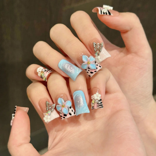 Diseño personalizado de marca propia, diseño corto de pico de pato 3D floral, arte de uñas hecho a mano 