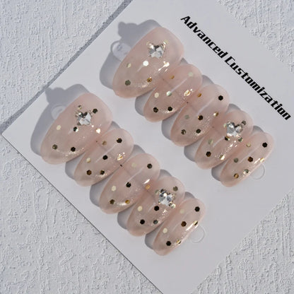 Taladro con diseño decorativo de gotas de agua, almendras, uñas prensadas francesas Hepburn hechas a mano 
