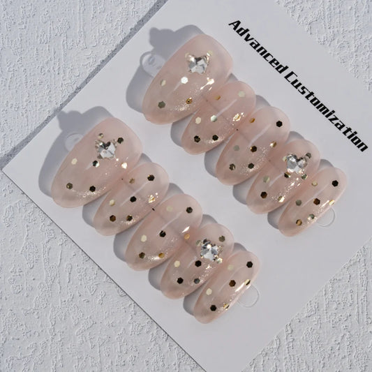 Taladro con diseño decorativo de gotas de agua, almendras, uñas prensadas francesas Hepburn hechas a mano 