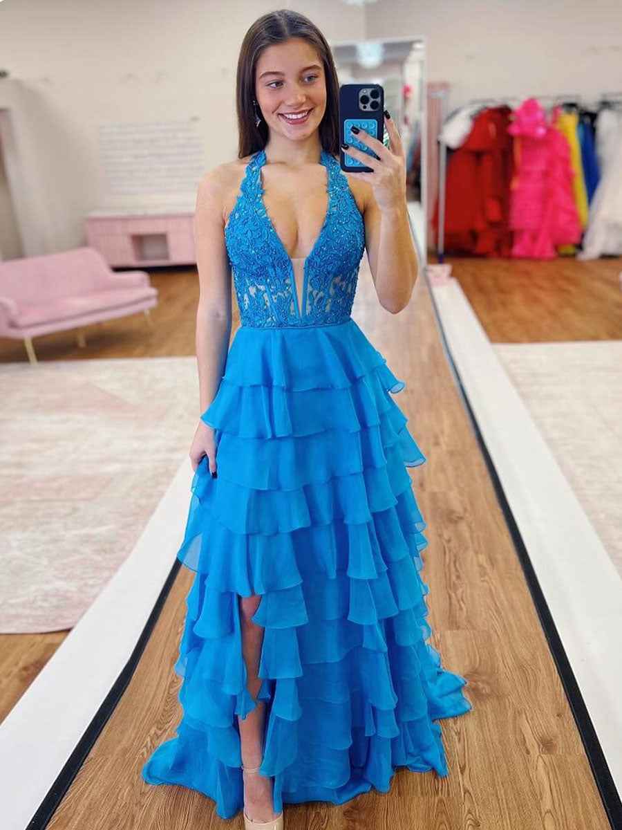 Halter Lace Appliques Chiffon Tiered Ruffle Prom Dress With Slit