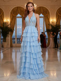 Halter Lace Appliques Chiffon Tiered Ruffle Prom Dress With Slit