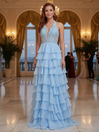 Halter Lace Appliques Chiffon Tiered Ruffle Prom Dress With Slit