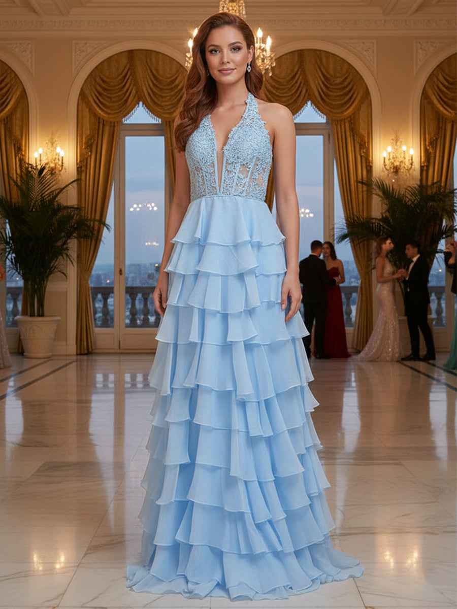 Halter Lace Appliques Chiffon Tiered Ruffle Prom Dress With Slit
