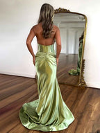 Halter Mermaid Liquid Satin Prom Dress With 3D Rosette And Keyhole Cutout
