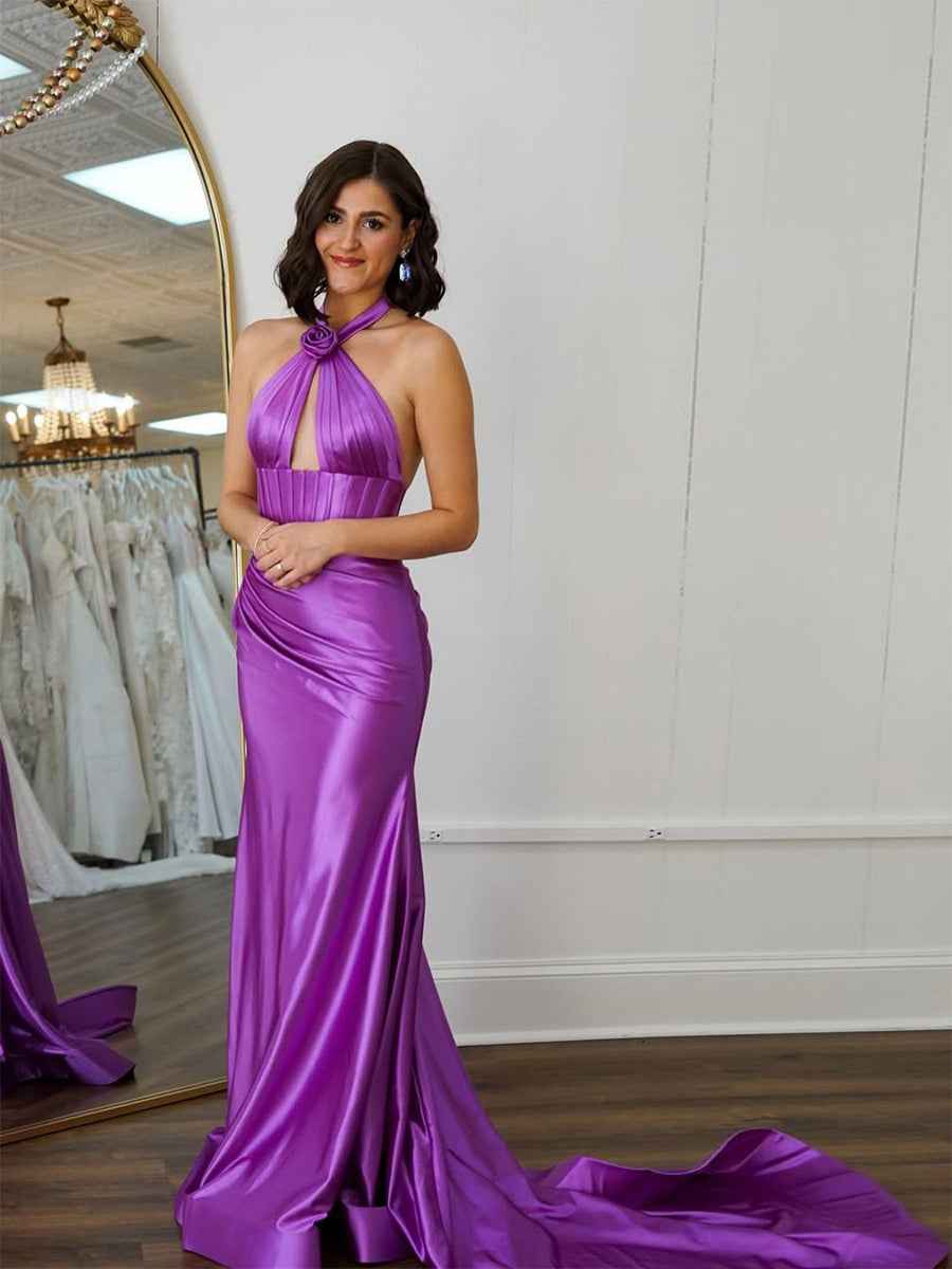 Halter Mermaid Liquid Satin Prom Dress With 3D Rosette And Keyhole Cutout
