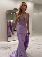 Fiery Red Halter Neck Satin Mermaid Prom Dress With Corset Bodice And Applique