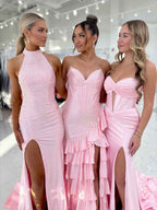 Ice Blue Halter Neck Rhinestone Prom Dress With Slit