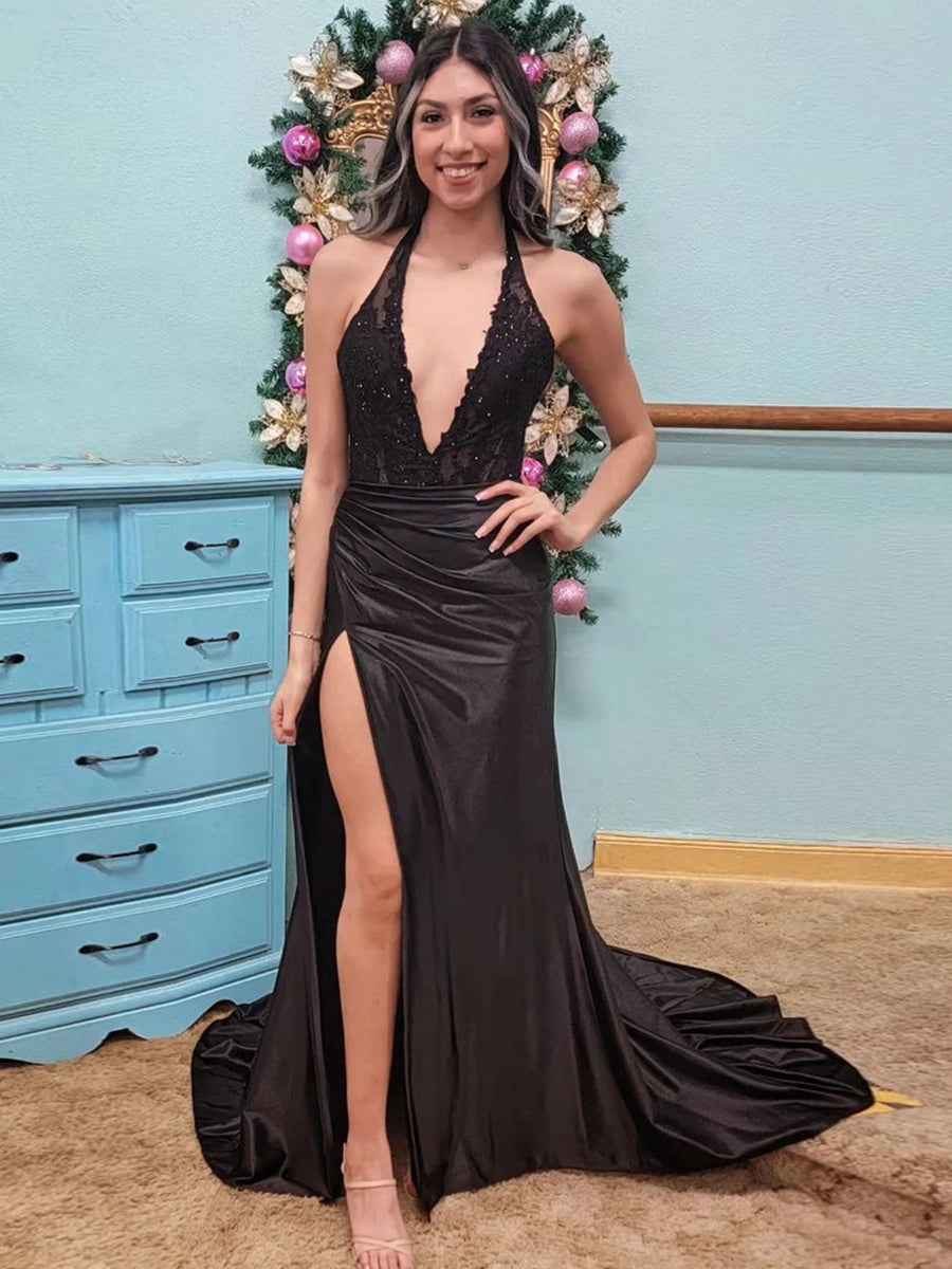 Black Halter Fitted Lace Bodice Long Prom Dress With Satin Skirt And Slit