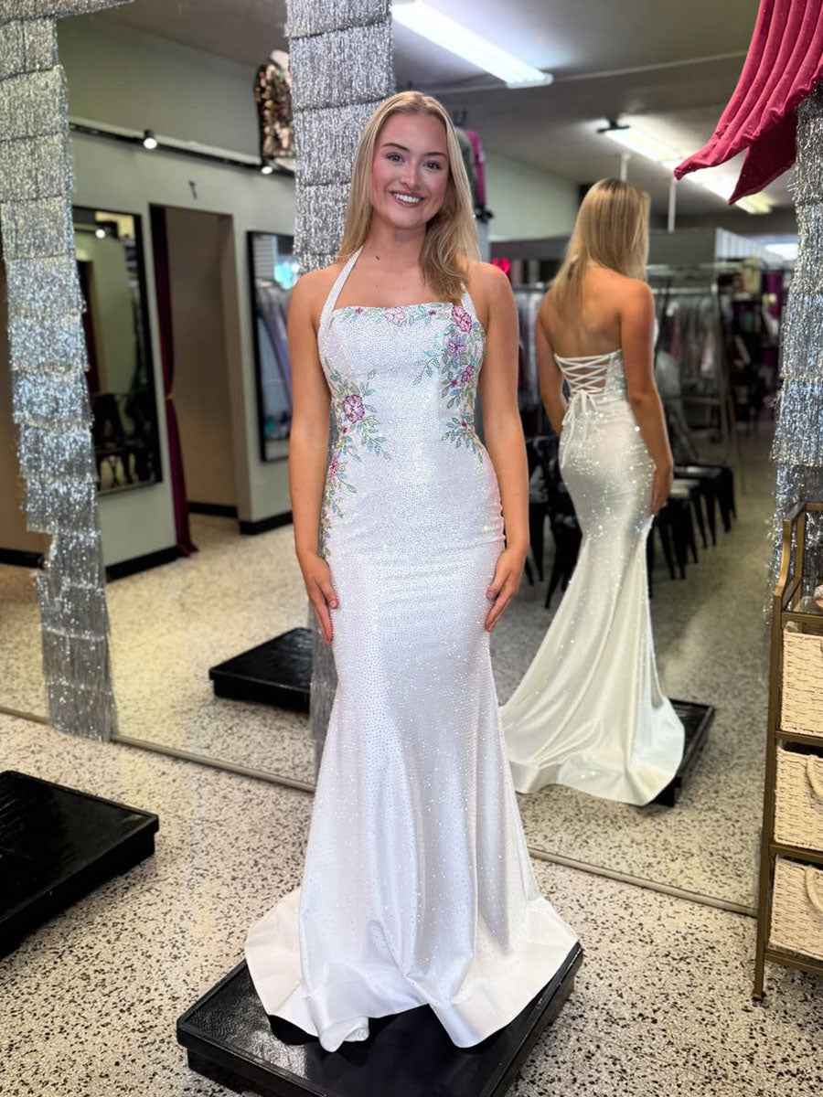 Halter Lace Up Prom Dress With Floral Embroidered Bodice And Rhinestones