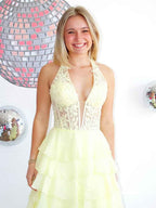 Halter Lace Appliques Chiffon Tiered Ruffle Prom Dress With Slit