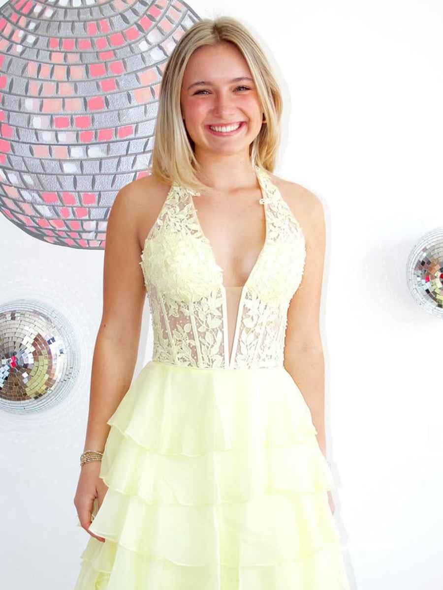 Halter Lace Appliques Chiffon Tiered Ruffle Prom Dress With Slit