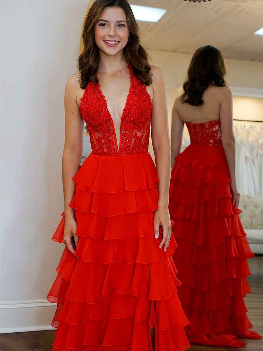 Halter Lace Appliques Chiffon Tiered Ruffle Prom Dress With Slit