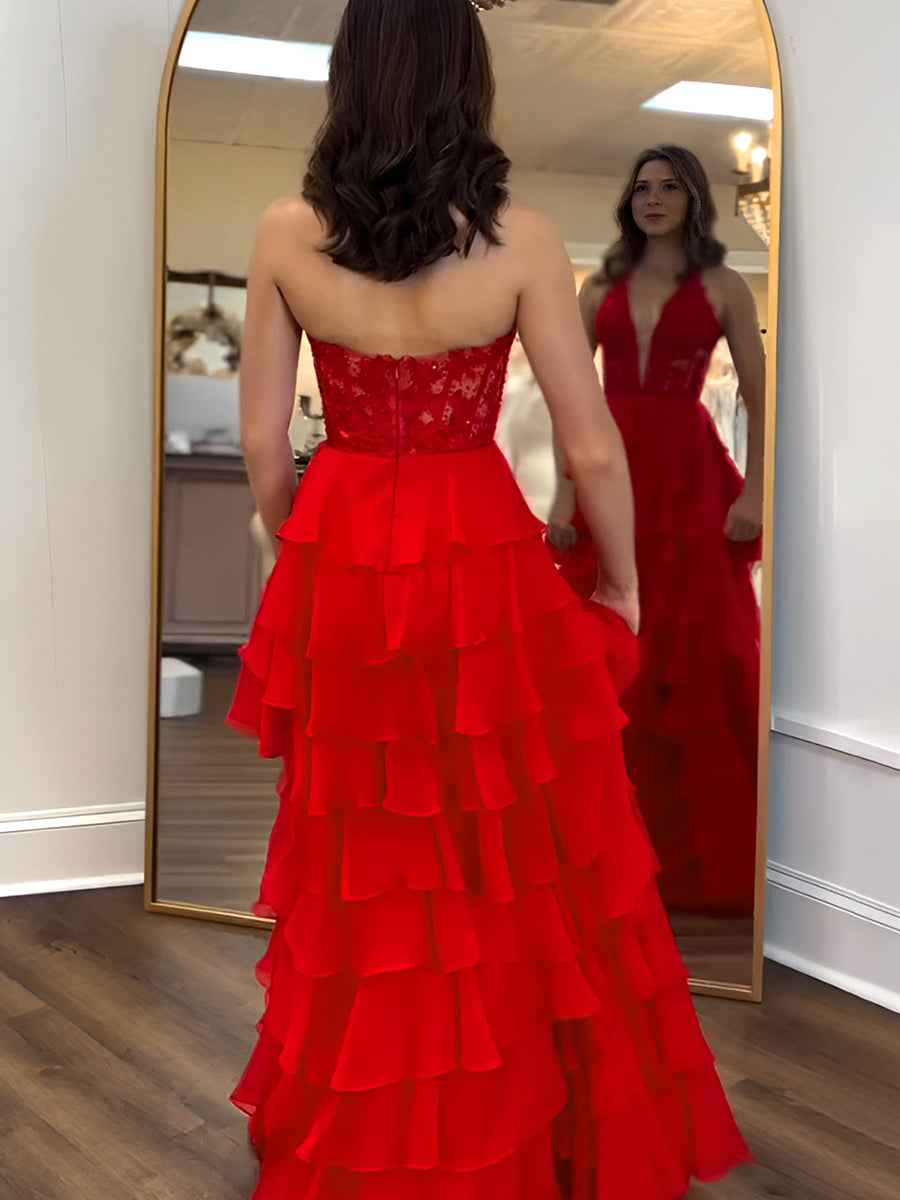 Halter Lace Appliques Chiffon Tiered Ruffle Prom Dress With Slit