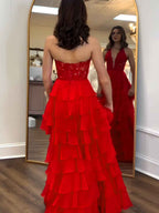 Halter Lace Appliques Chiffon Tiered Ruffle Prom Dress With Slit