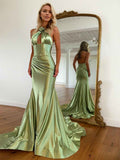 Halter Mermaid Liquid Satin Prom Dress With 3D Rosette And Keyhole Cutout