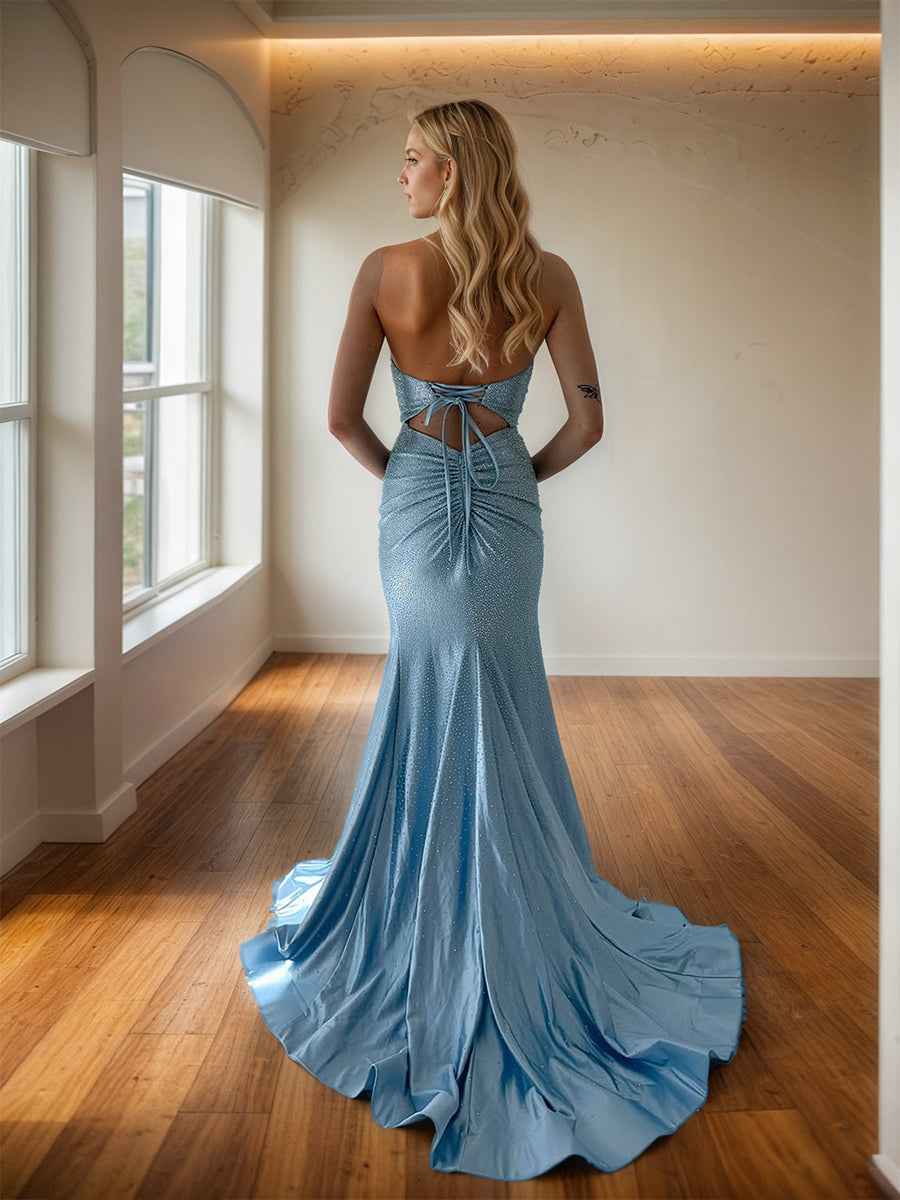 Ice Blue Halter Neck Rhinestone Prom Dress With Slit